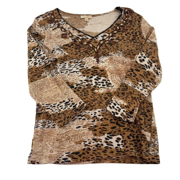 Choices Womens Animal Print V-Neck Tunic Top Size M 100% Cotton Long Sleeve - Picture 1 of 6